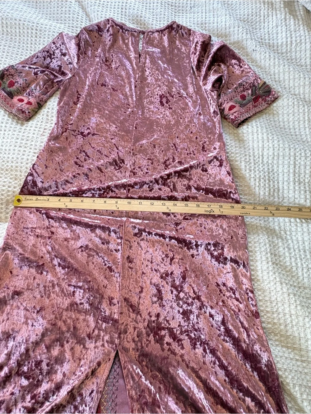 Orange Creek Floral Embroidered Crushed Velvet Dress S Mauve Midi Boho Flapper - Picture 10 of 13